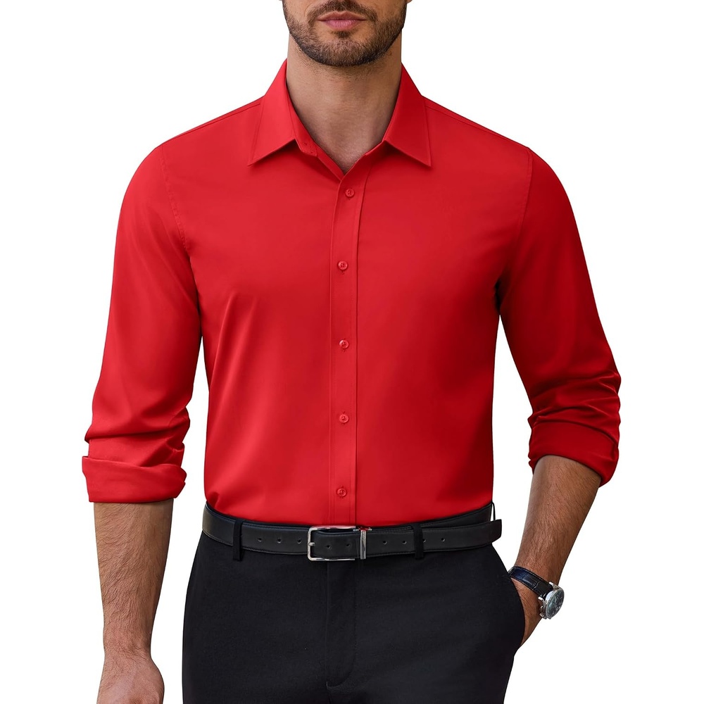 image:imageAlimens amp Gentle Stretch Dress Shirt for Men Button Down Long Sleeve ShirtRed