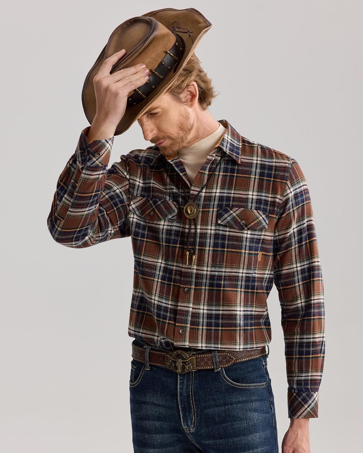 image:imageAlimens amp Gentle Mens Flannel Button Down Long Sleeve Casual Plaid ShirtBrown Navy