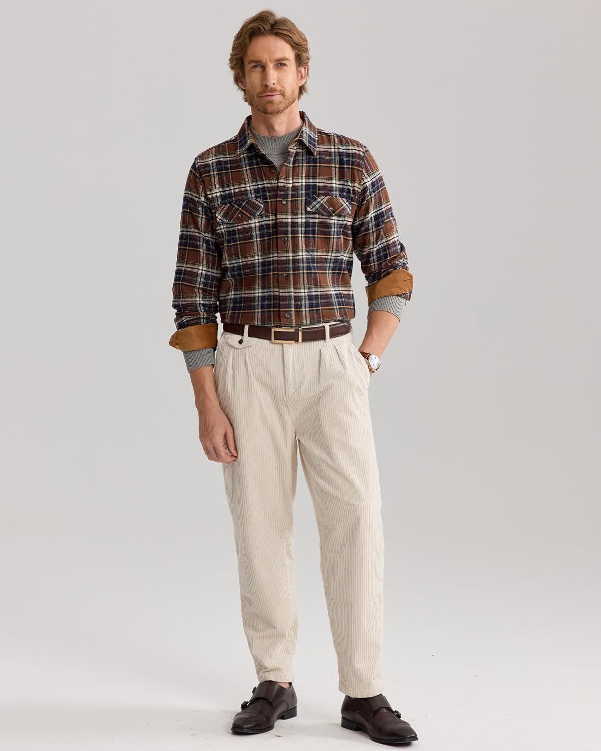 image:imageAlimens amp Gentle Mens Flannel Button Down Long Sleeve Casual Plaid ShirtBrown Navy