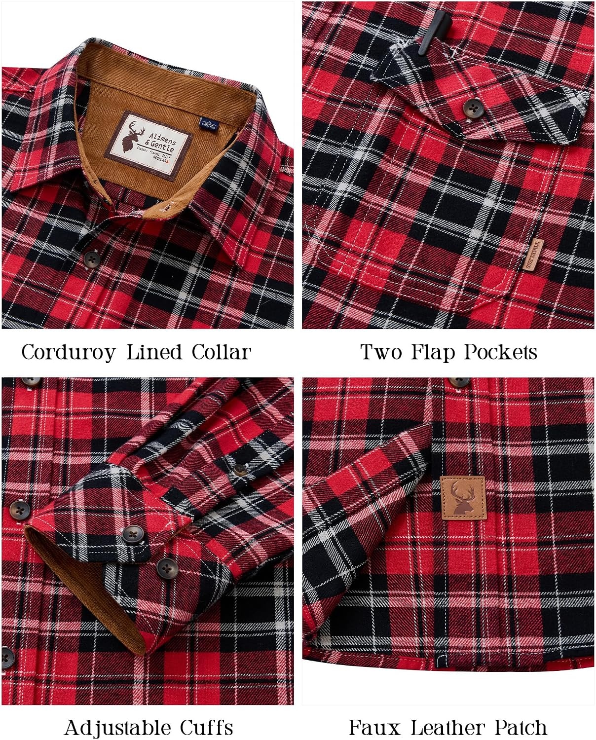 image:imageAlimens amp Gentle Mens Flannel Button Down Long Sleeve Casual Plaid ShirtRed Black