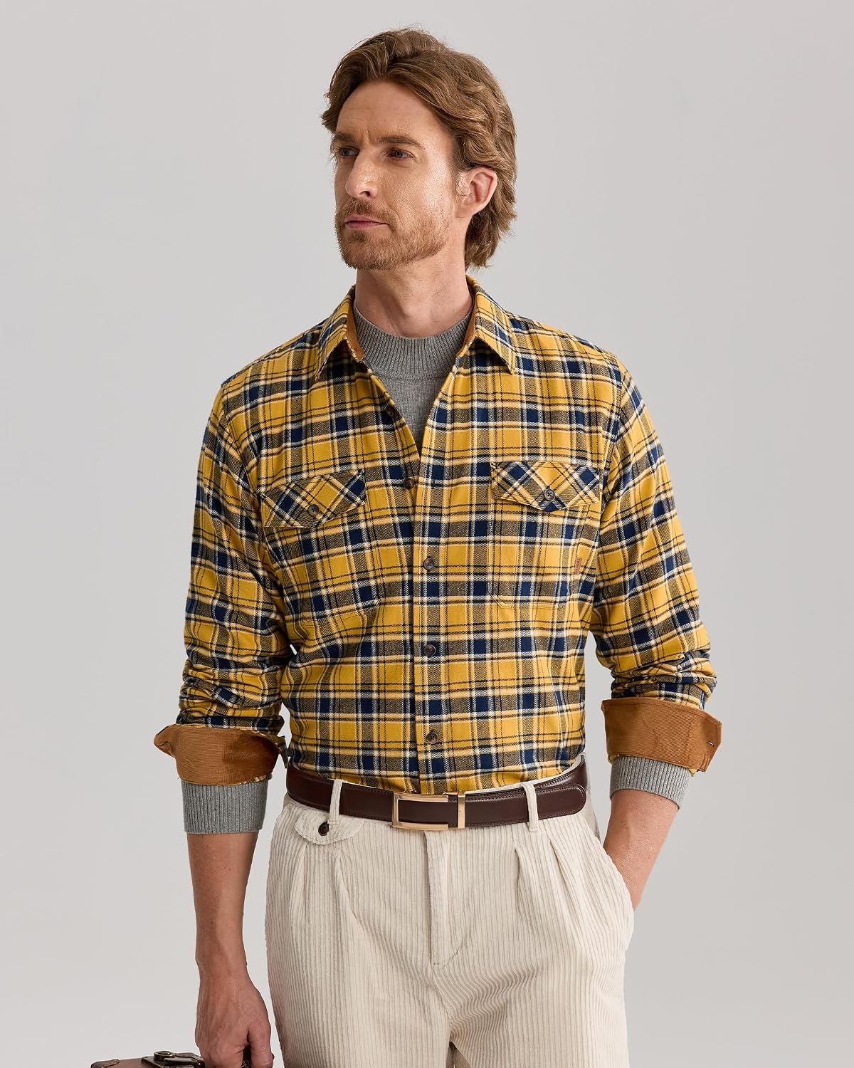 image:imageAlimens amp Gentle Mens Flannel Button Down Long Sleeve Casual Plaid ShirtYellow Navy