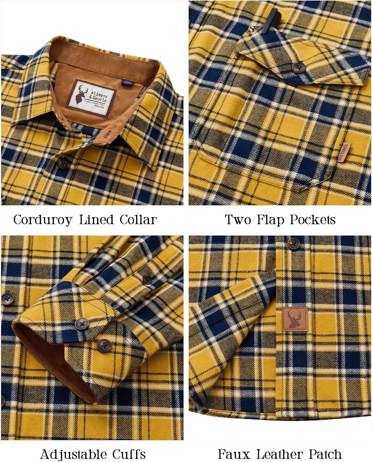 image:imageAlimens amp Gentle Mens Flannel Button Down Long Sleeve Casual Plaid ShirtYellow Navy