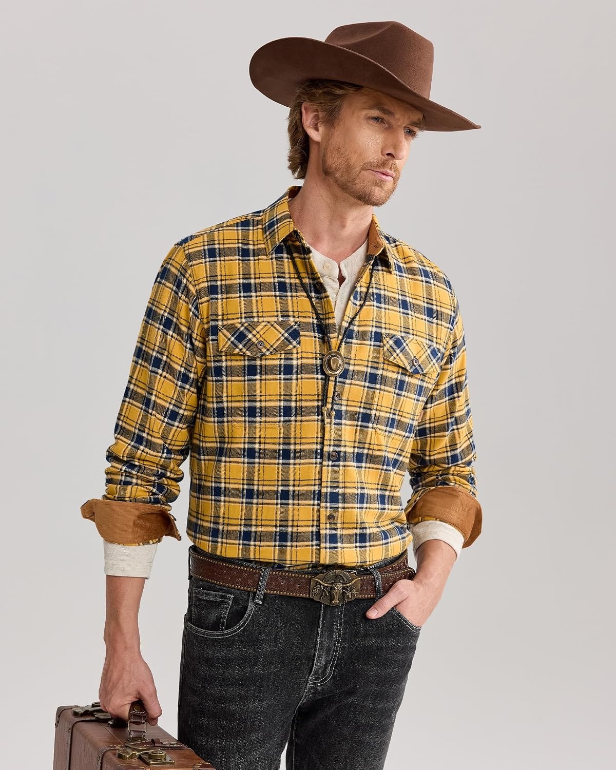 image:imageAlimens amp Gentle Mens Flannel Button Down Long Sleeve Casual Plaid ShirtYellow Navy