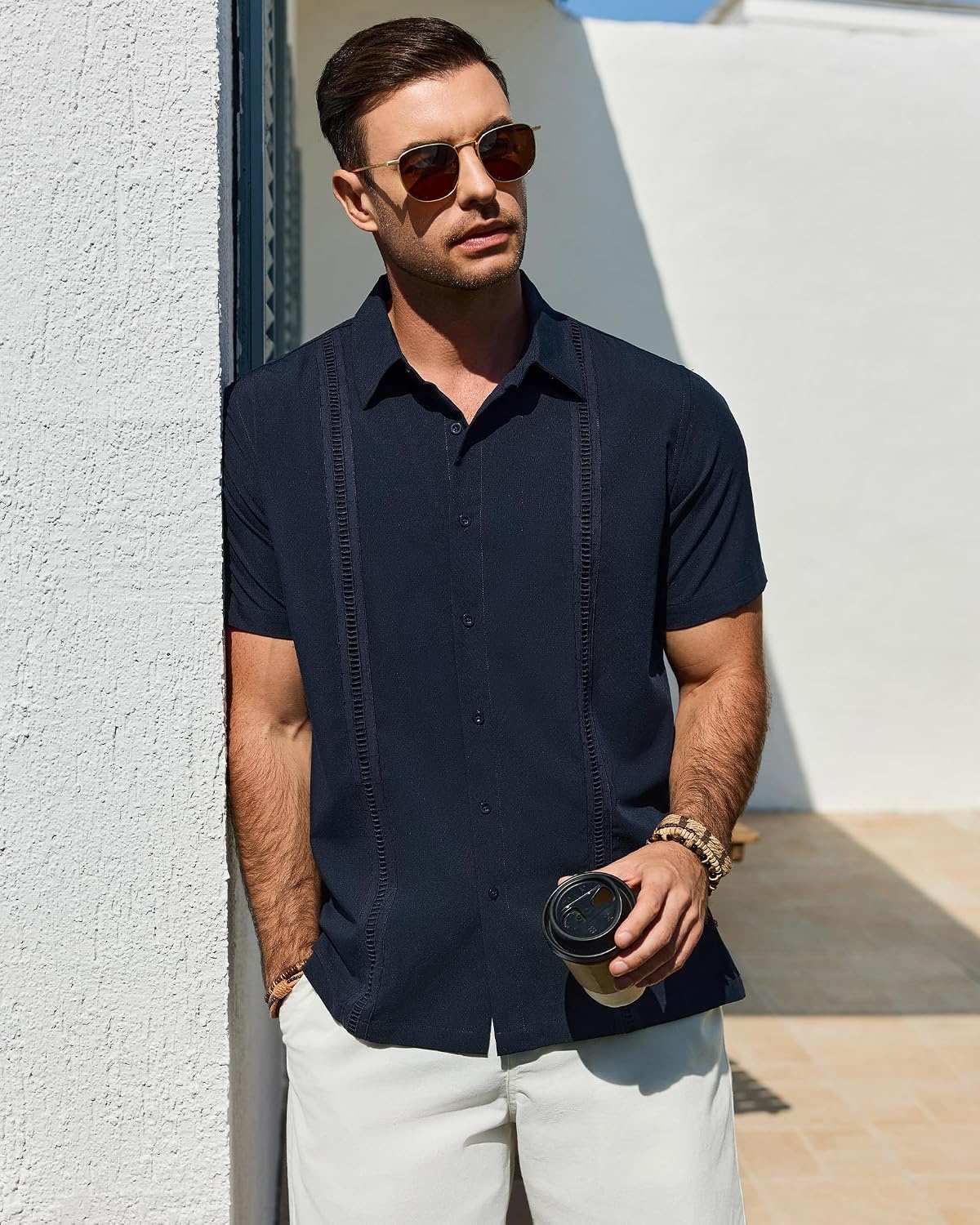 image:imageMens Cuban Guayabera Short Sleeve Button Down Shirt Casual Beach SummerNavy Blue