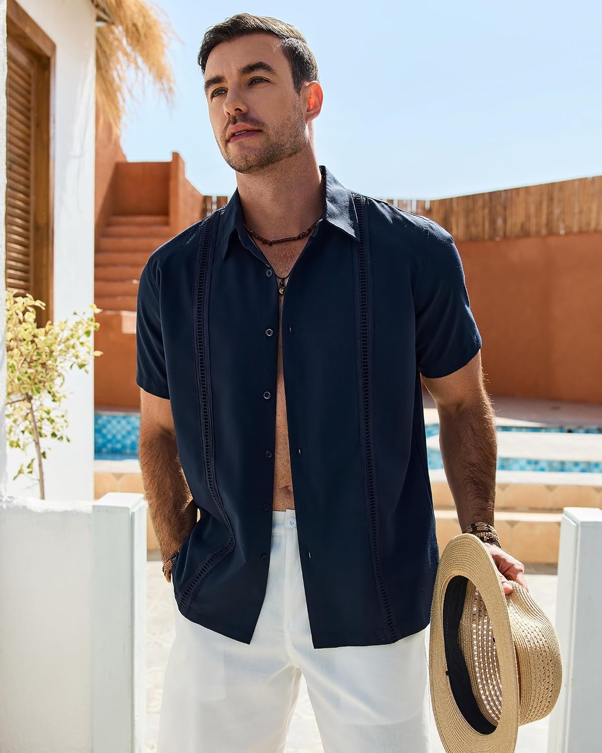 image:imageMens Cuban Guayabera Short Sleeve Button Down Shirt Casual Beach SummerNavy Blue