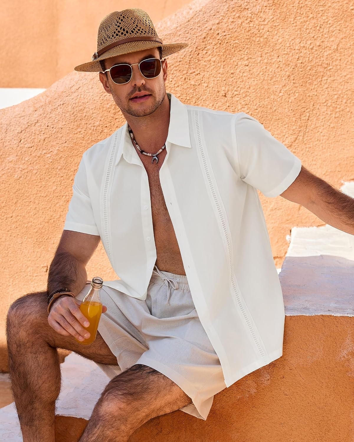 image:imageMens Cuban Guayabera Short Sleeve Button Down Shirt Casual Beach SummerWhite