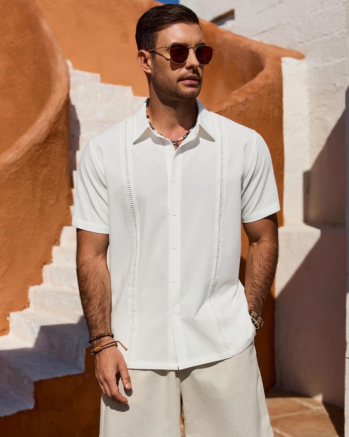 image:imageMens Cuban Guayabera Short Sleeve Button Down Shirt Casual Beach SummerWhite