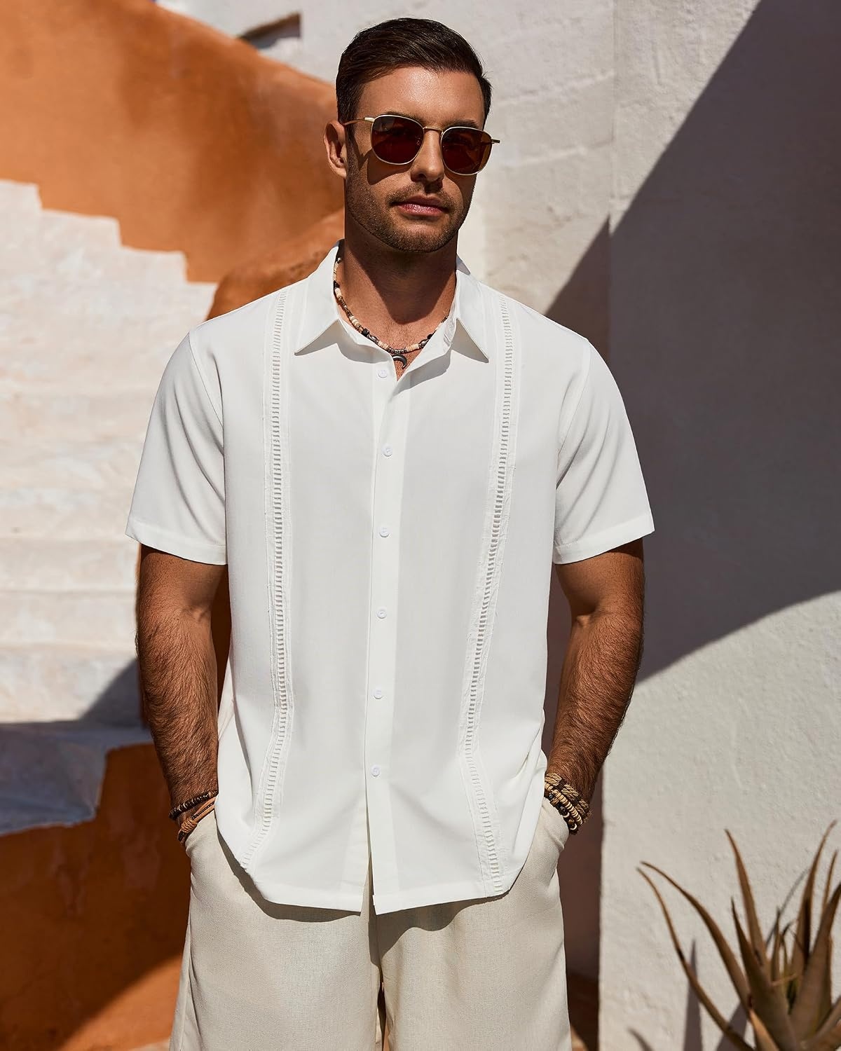 image:imageMens Cuban Guayabera Short Sleeve Button Down Shirt Casual Beach SummerWhite
