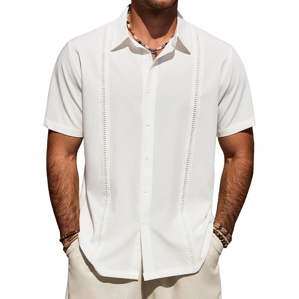 image:imageMens Cuban Guayabera Short Sleeve Button Down Shirt Casual Beach SummerWhite