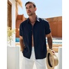 Mens Cuban Guayabera Short Sleeve Button Down Shirt Casual Beach Summer(Navy Blue)