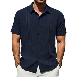 Mens Cuban Guayabera Short Sleeve Button Down Shirt Casual Beach Summer(Navy Blue)