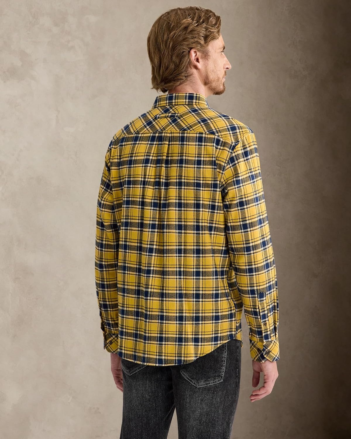 image:imageAlimensampGentle Mens 6 oz Flannel Button Down Long Sleeve Casual Plaid ShirtYellow Navy