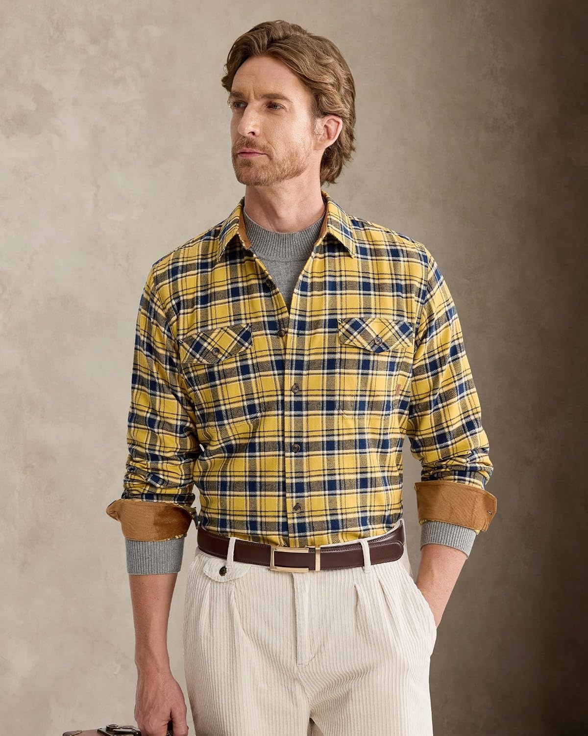 image:imageAlimensampGentle Mens 6 oz Flannel Button Down Long Sleeve Casual Plaid ShirtYellow Navy