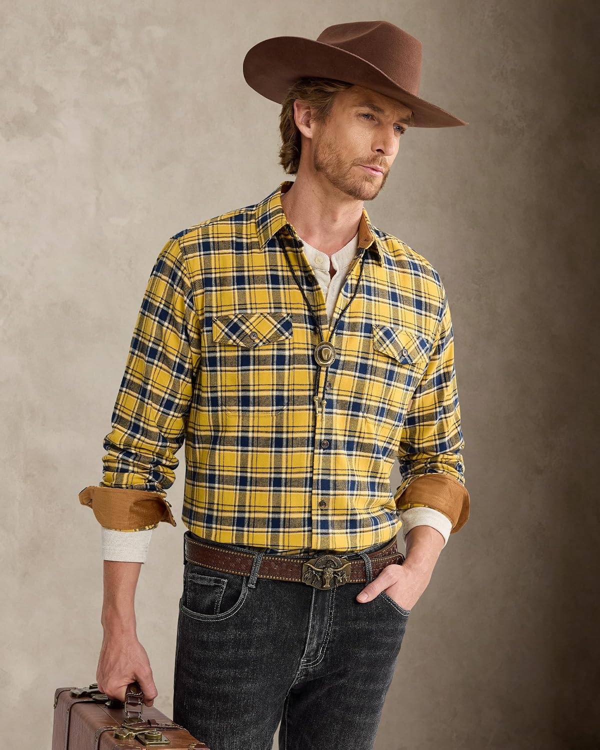 image:imageAlimensampGentle Mens 6 oz Flannel Button Down Long Sleeve Casual Plaid ShirtYellow Navy