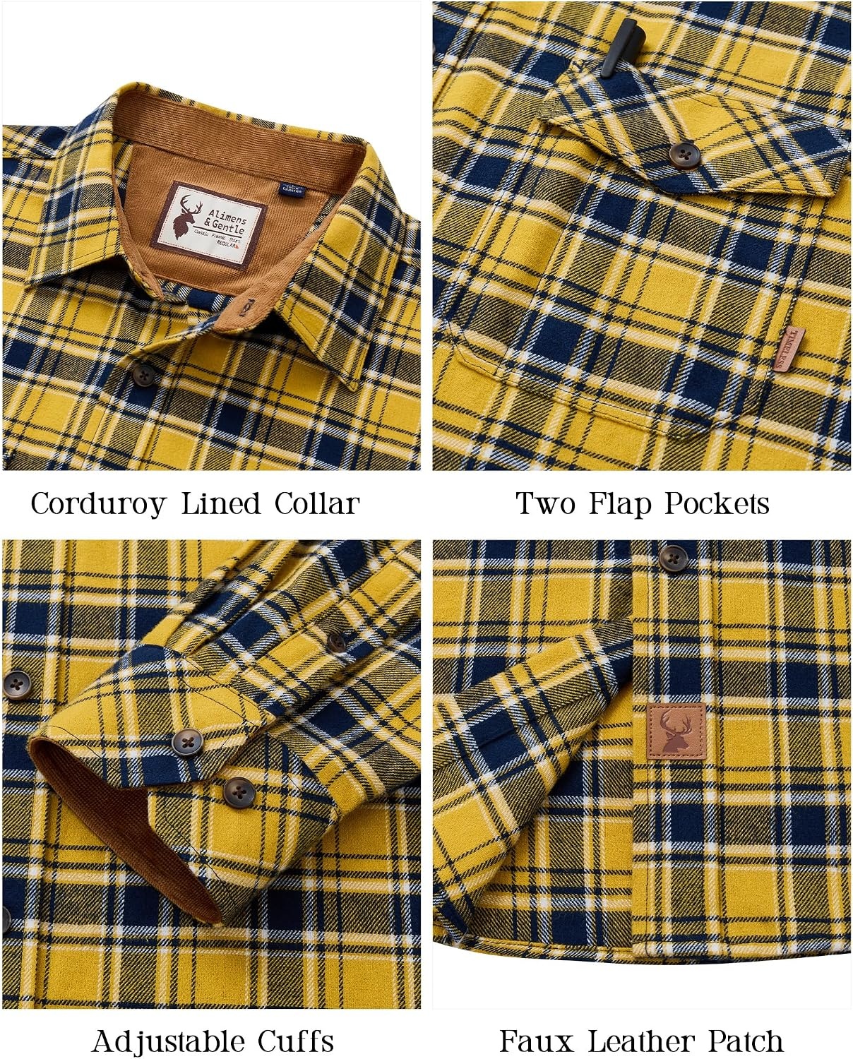 image:imageAlimensampGentle Mens 6 oz Flannel Button Down Long Sleeve Casual Plaid ShirtYellow Navy