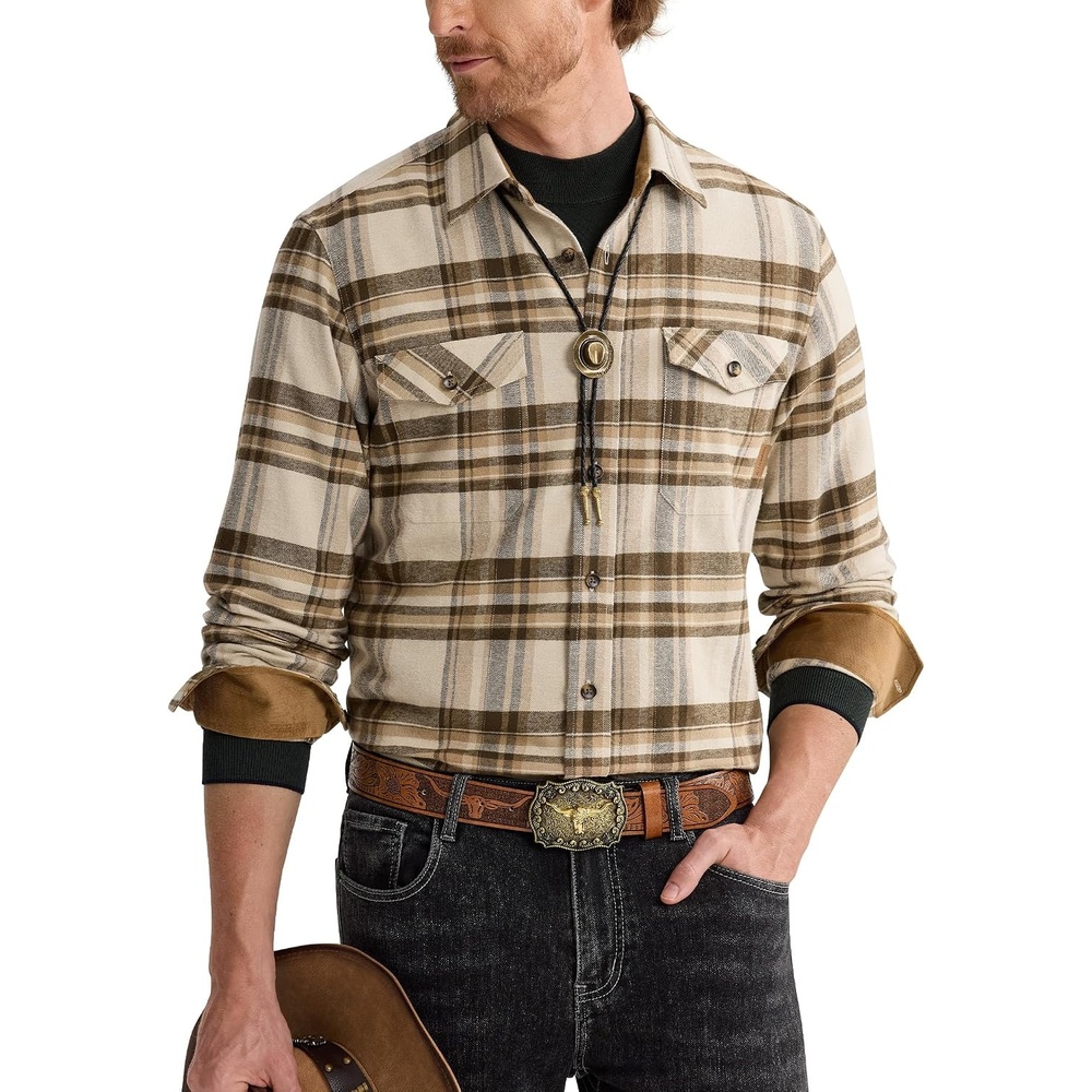 image:imageAlimensampGentle Mens 6 oz Flannel Button Down Long Sleeve Casual Plaid ShirtBeige Brown