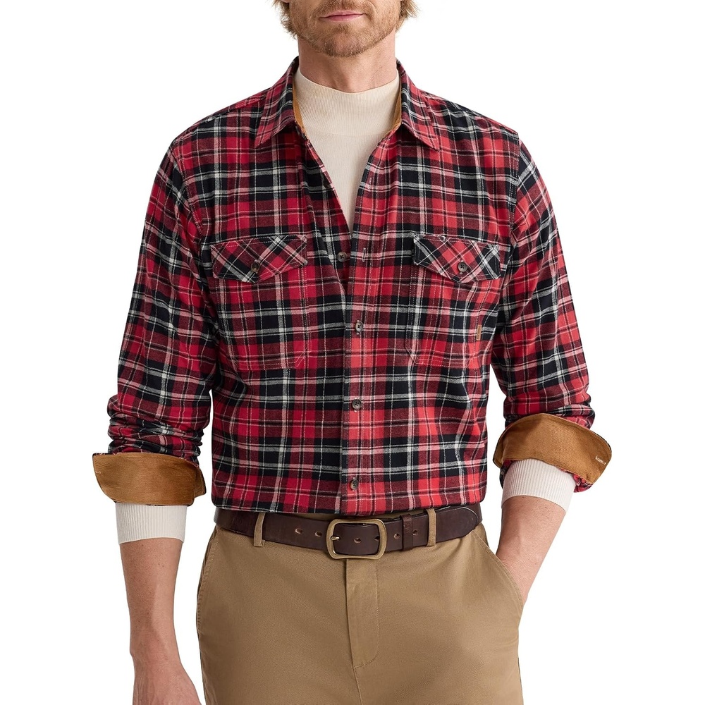 image:imageAlimensampGentle Mens 6 oz Flannel Button Down Long Sleeve Casual Plaid ShirtRed Black