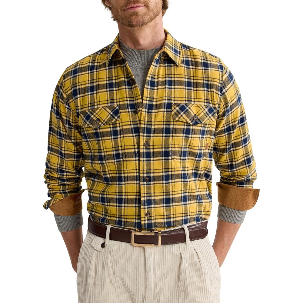 image:imageAlimensampGentle Mens 6 oz Flannel Button Down Long Sleeve Casual Plaid ShirtYellow Navy