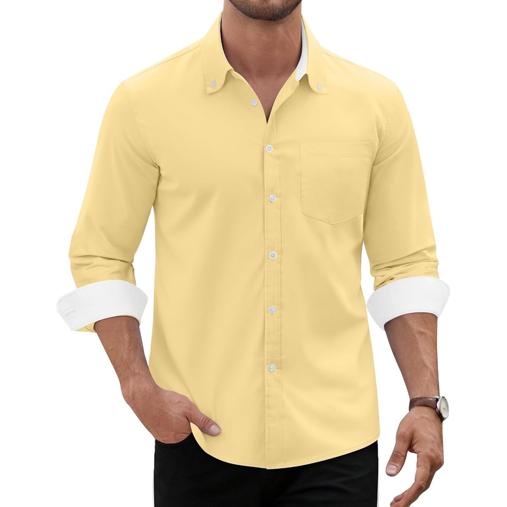 image:imageMens Oxford Stretch Shirt Casual Long Sleeve Button Down Dress ShirtYellow