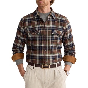 Alimens&Gentle Mens 6 oz Flannel Button Down Long Sleeve Casual Plaid Shirt(Brown Navy)