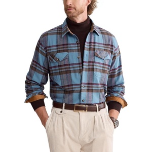 Alimens&Gentle Mens 6 oz Flannel Button Down Long Sleeve Casual Plaid Shirt(Navy Grey Brown)