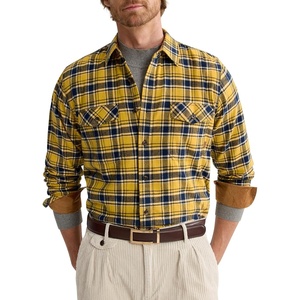 Alimens&Gentle Mens 6 oz Flannel Button Down Long Sleeve Casual Plaid Shirt(Yellow Navy)