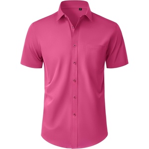 Mens Short Sleeve Dress Shirt Wrinkle Free Button Down Shirt with Pocket(Hot Pink)