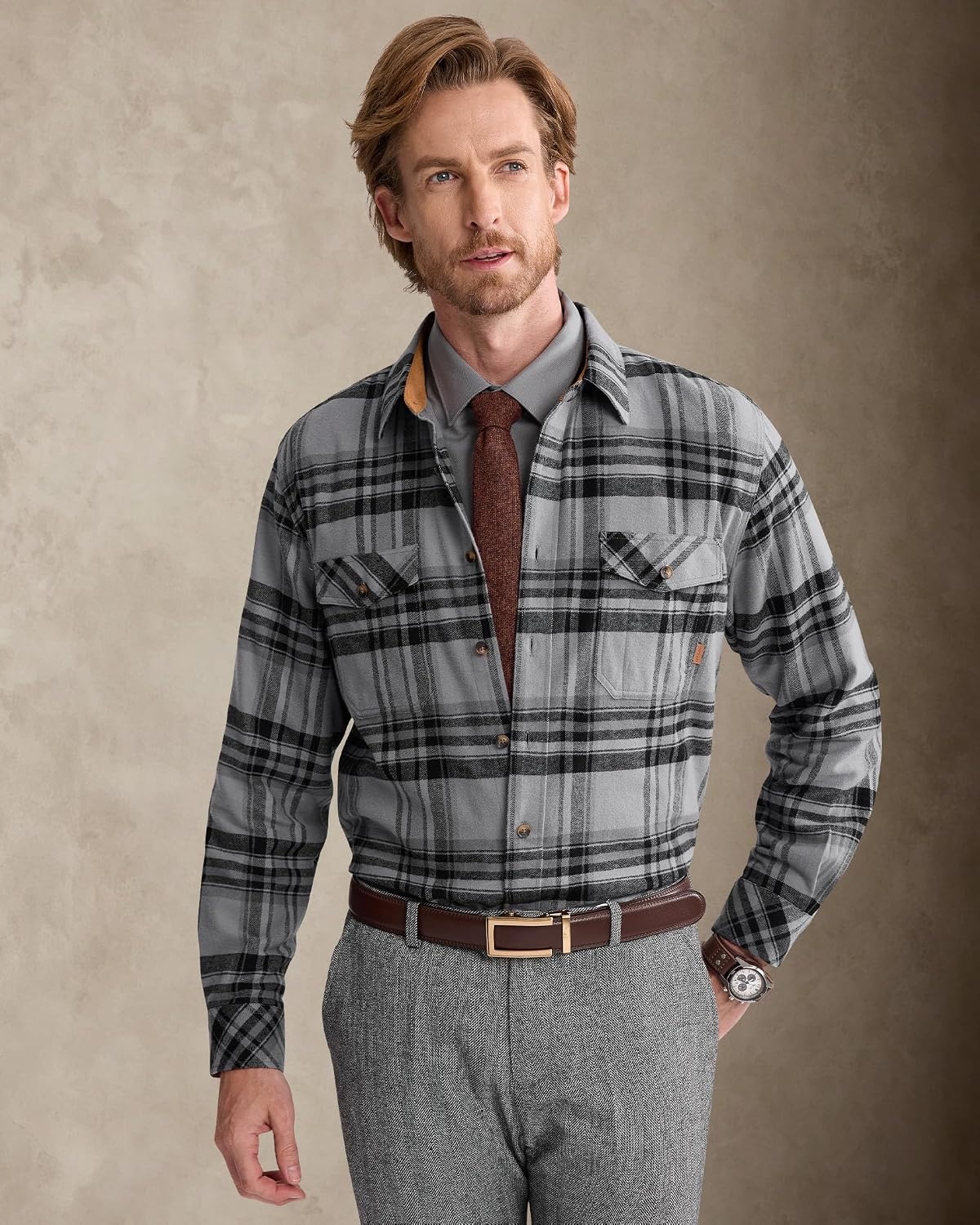 image:imageAlimensampGentle Mens 6 oz Flannel Button Down Long Sleeve Casual Plaid ShirtBlack Grey