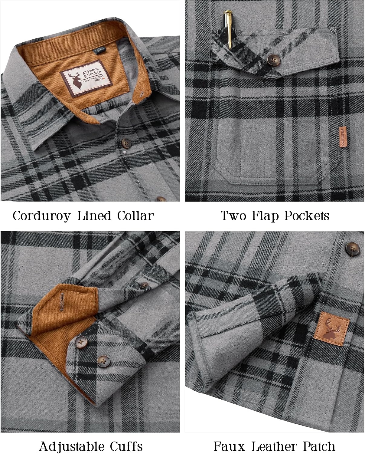 image:imageAlimensampGentle Mens 6 oz Flannel Button Down Long Sleeve Casual Plaid ShirtBlack Grey