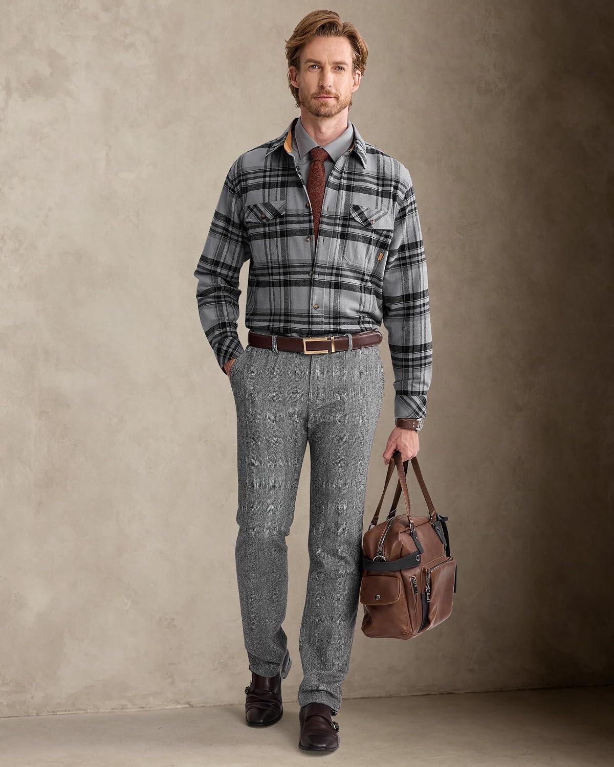 image:imageAlimensampGentle Mens 6 oz Flannel Button Down Long Sleeve Casual Plaid ShirtBlack Grey