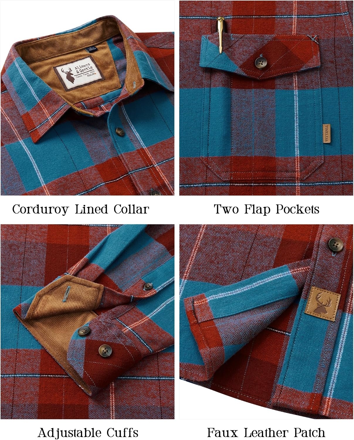 image:imageAlimensampGentle Mens 6 oz Flannel Button Down Long Sleeve Casual Plaid ShirtBlue Red