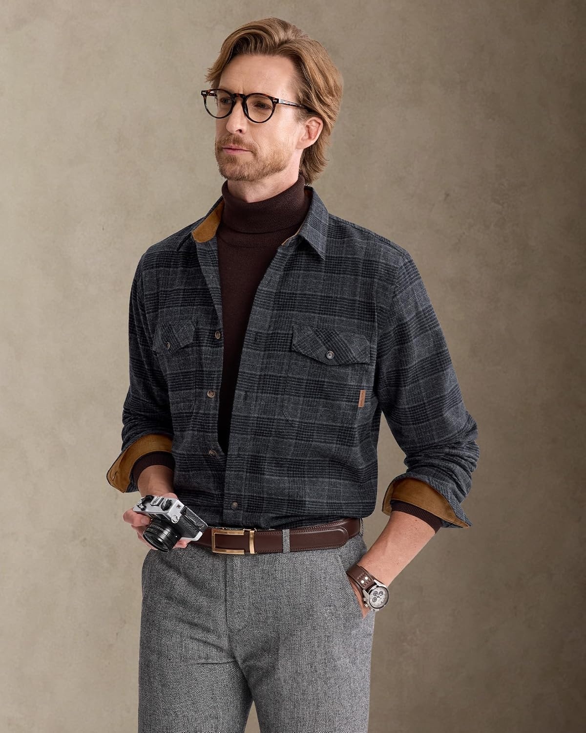 image:imageAlimensampGentle Mens 6 oz Flannel Button Down Long Sleeve Casual Plaid ShirtGrey Black