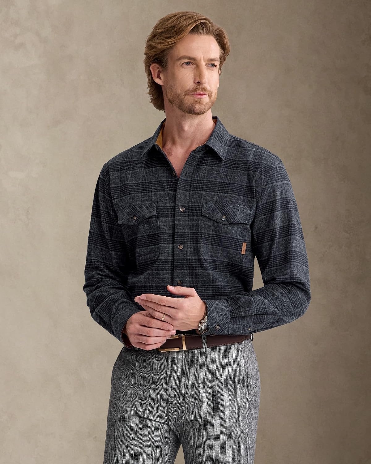 image:imageAlimensampGentle Mens 6 oz Flannel Button Down Long Sleeve Casual Plaid ShirtGrey Black