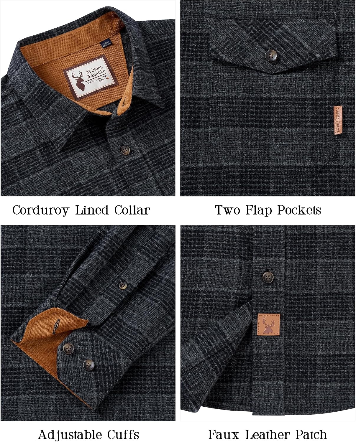 image:imageAlimensampGentle Mens 6 oz Flannel Button Down Long Sleeve Casual Plaid ShirtGrey Black