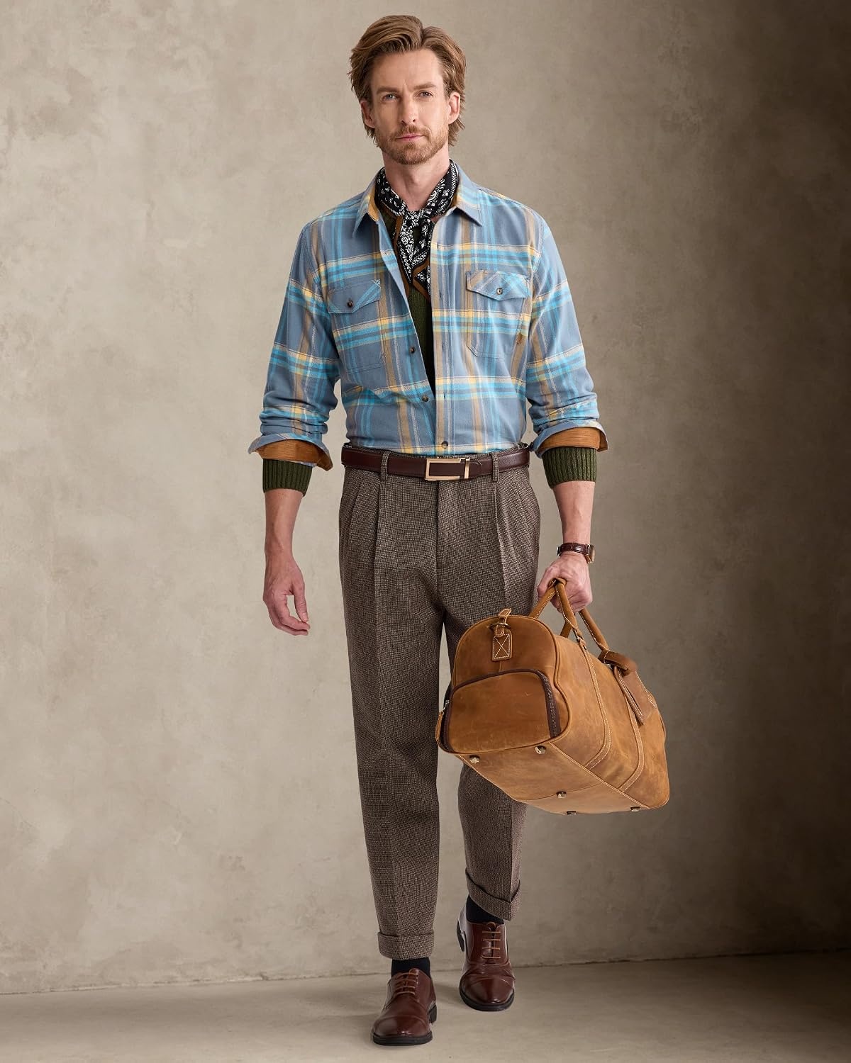 image:imageAlimensampGentle Mens 6 oz Flannel Button Down Long Sleeve Casual Plaid ShirtLight Blue Orange