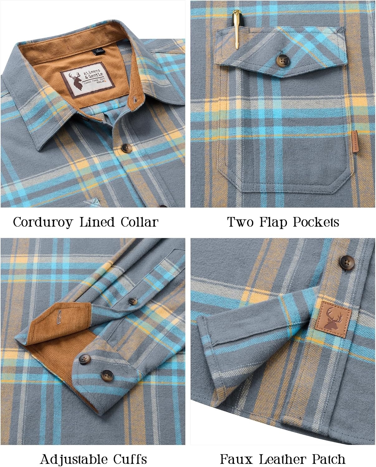 image:imageAlimensampGentle Mens 6 oz Flannel Button Down Long Sleeve Casual Plaid ShirtLight Blue Orange
