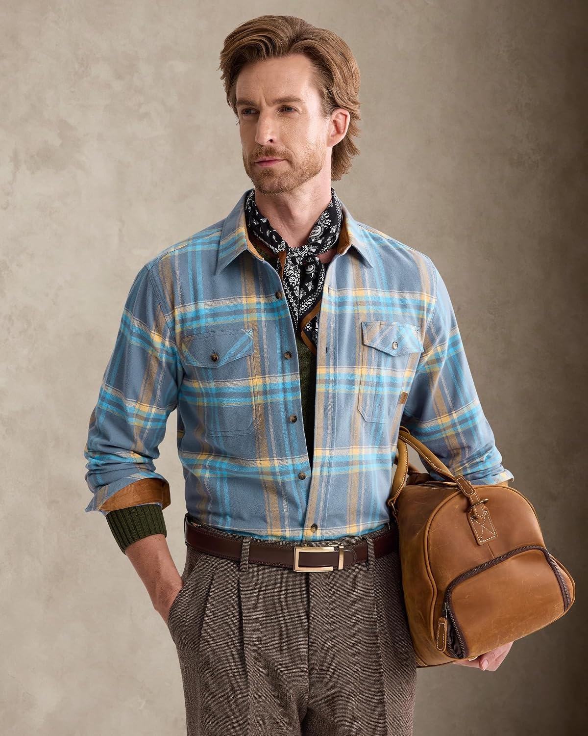 image:imageAlimensampGentle Mens 6 oz Flannel Button Down Long Sleeve Casual Plaid ShirtLight Blue Orange