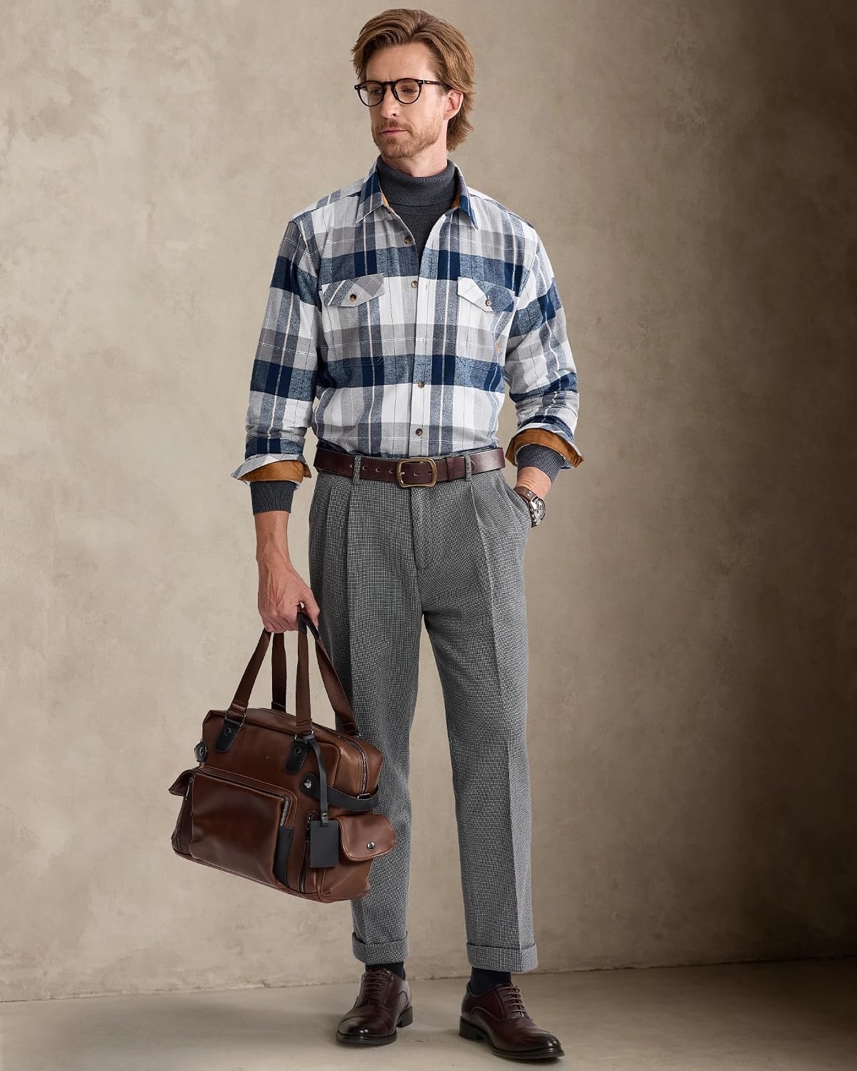 image:imageAlimensampGentle Mens 6 oz Flannel Button Down Long Sleeve Casual Plaid ShirtNavy White