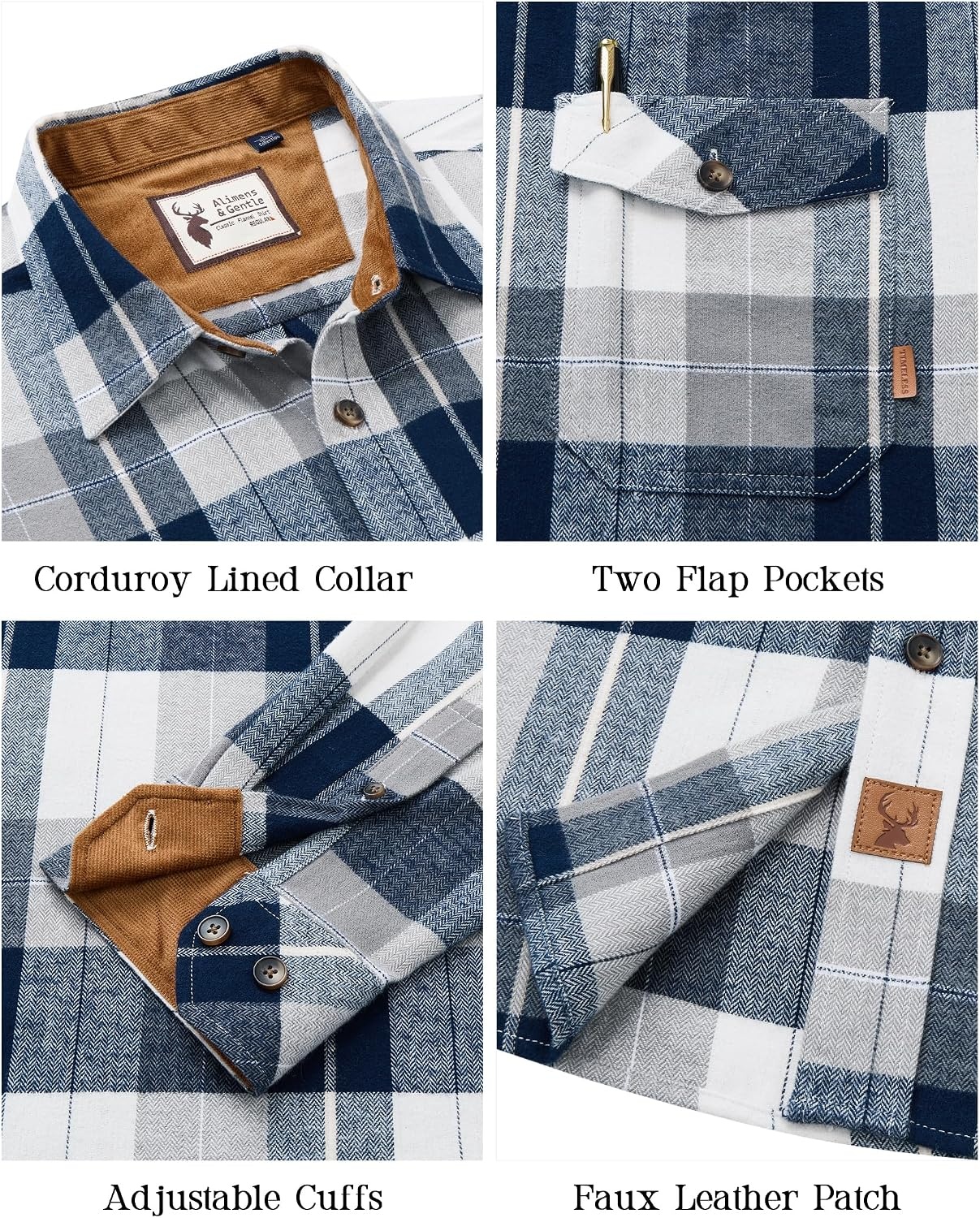 image:imageAlimensampGentle Mens 6 oz Flannel Button Down Long Sleeve Casual Plaid ShirtNavy White