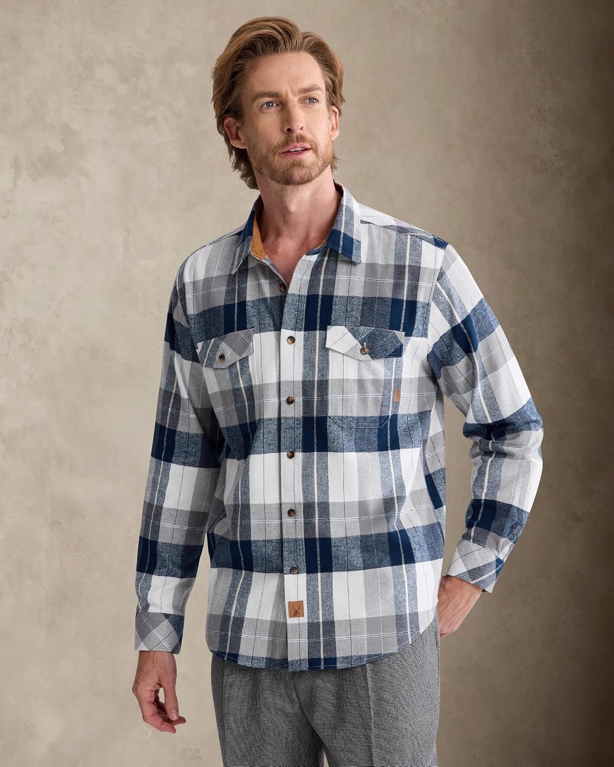image:imageAlimensampGentle Mens 6 oz Flannel Button Down Long Sleeve Casual Plaid ShirtNavy White