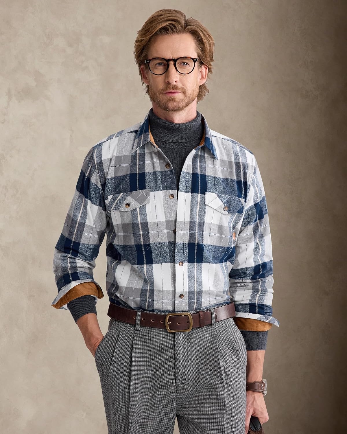 image:imageAlimensampGentle Mens 6 oz Flannel Button Down Long Sleeve Casual Plaid ShirtNavy White