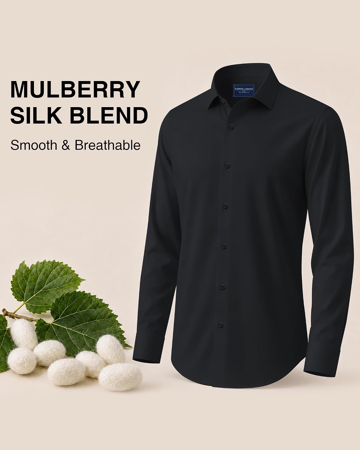 image:imageMens SilkBlend Dress Shirt Long Sleeve Regular Fit Button Down ShirtsBlack