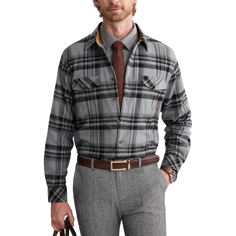 image:imageAlimensampGentle Mens 6 oz Flannel Button Down Long Sleeve Casual Plaid ShirtBlack Grey