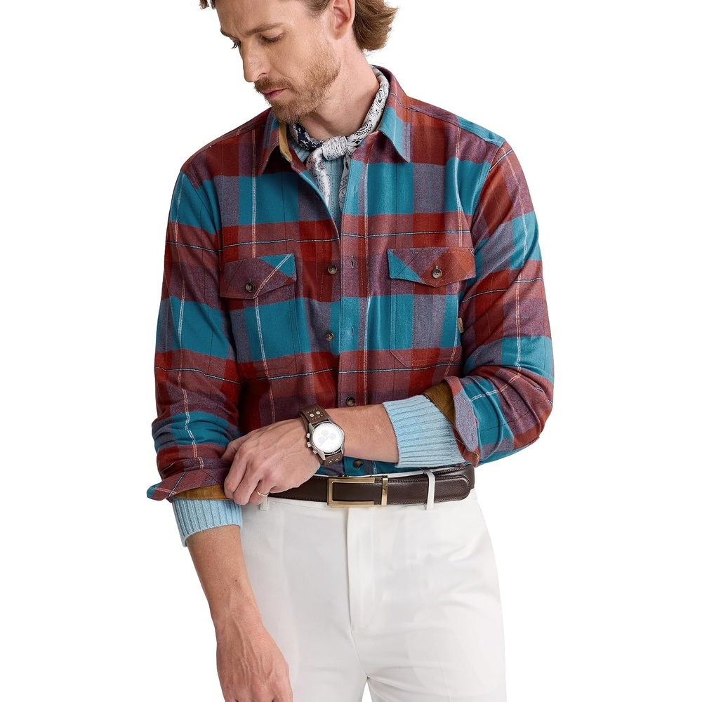 image:imageAlimensampGentle Mens 6 oz Flannel Button Down Long Sleeve Casual Plaid ShirtBlue Red
