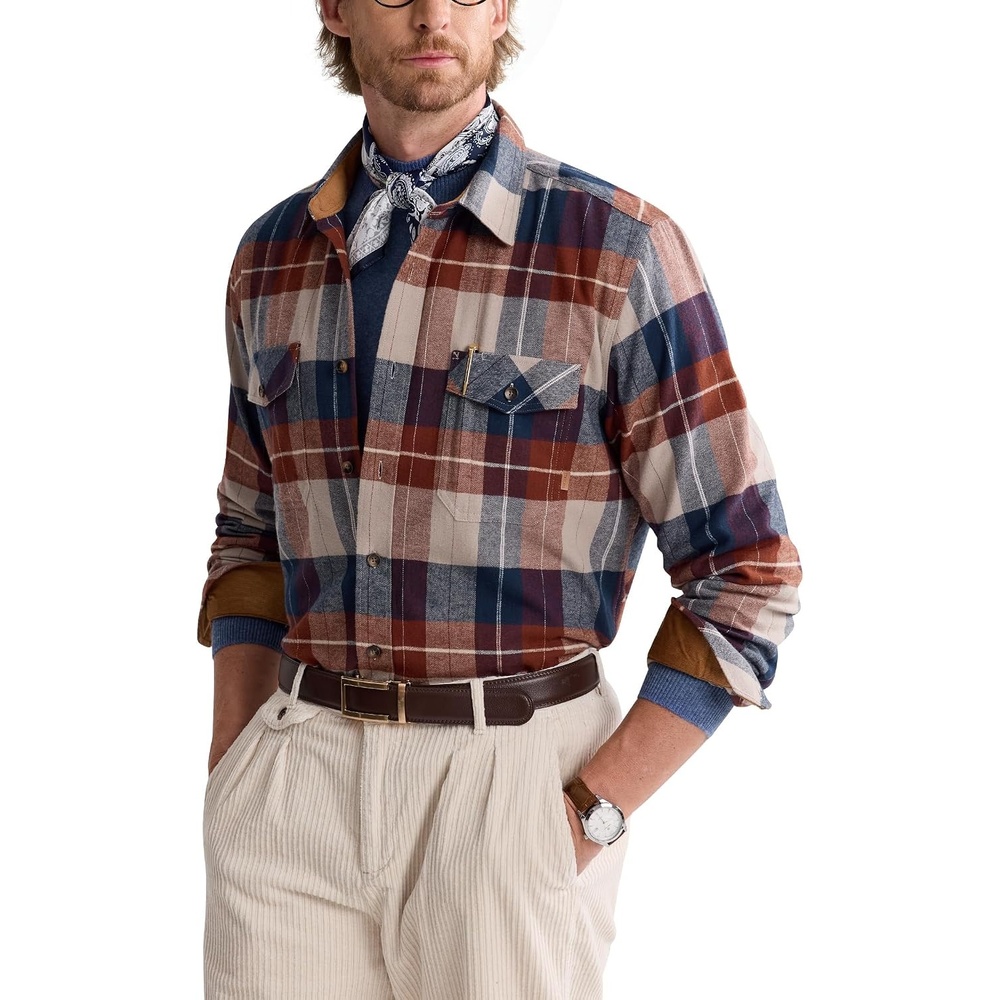 image:imageAlimensampGentle Mens 6 oz Flannel Button Down Long Sleeve Casual Plaid ShirtBrown Red Blue