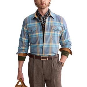 Alimens&Gentle Mens 6 oz Flannel Button Down Long Sleeve Casual Plaid Shirt(Light Blue Orange)