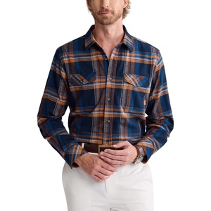 Alimens&Gentle Mens 6 oz Flannel Button Down Long Sleeve Casual Plaid Shirt(Navy Grey Orange)
