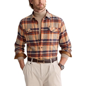 Alimens&Gentle Mens 6 oz Flannel Button Down Long Sleeve Casual Plaid Shirt(Orange Khaki)
